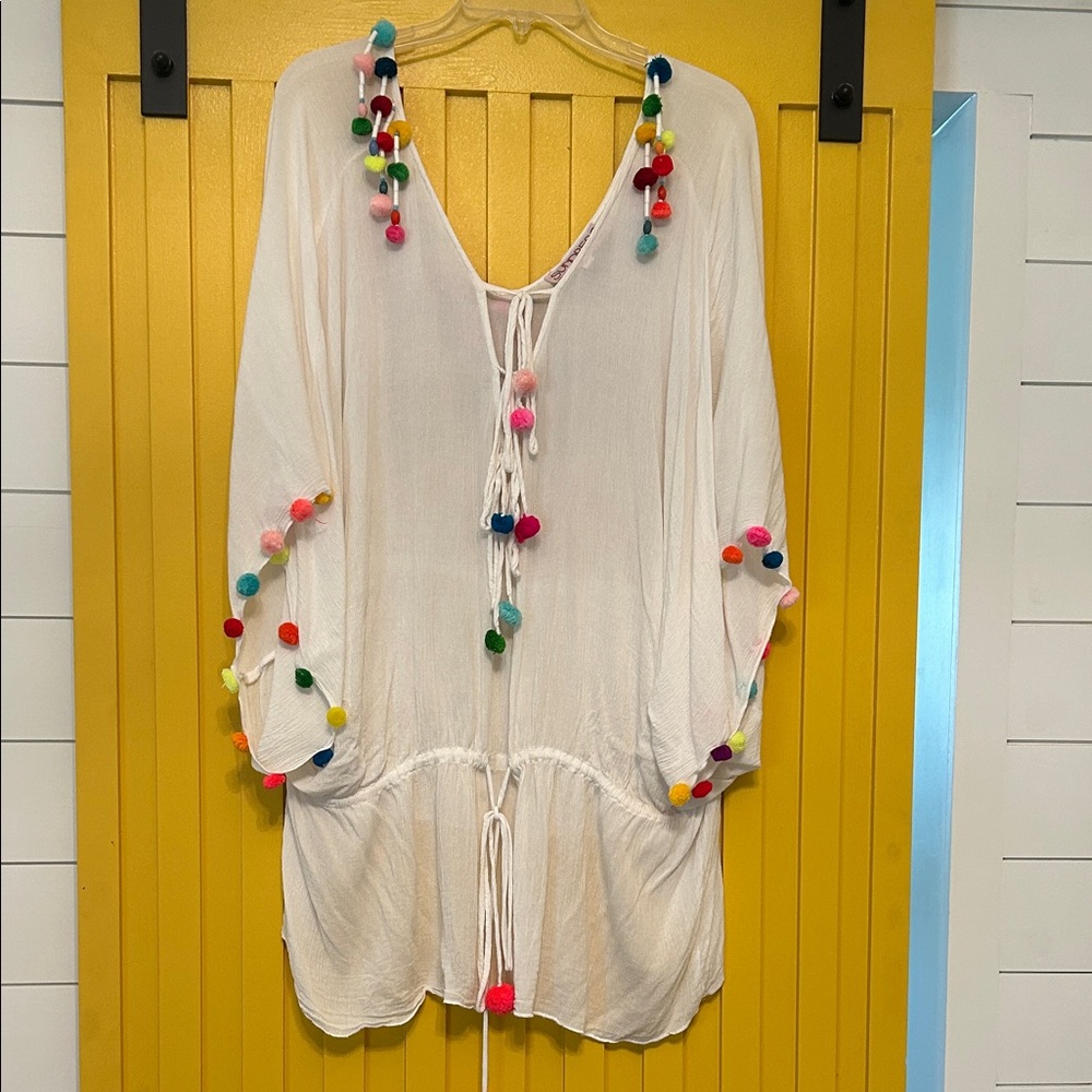 White Pom-Pom Trim Swim Coverup